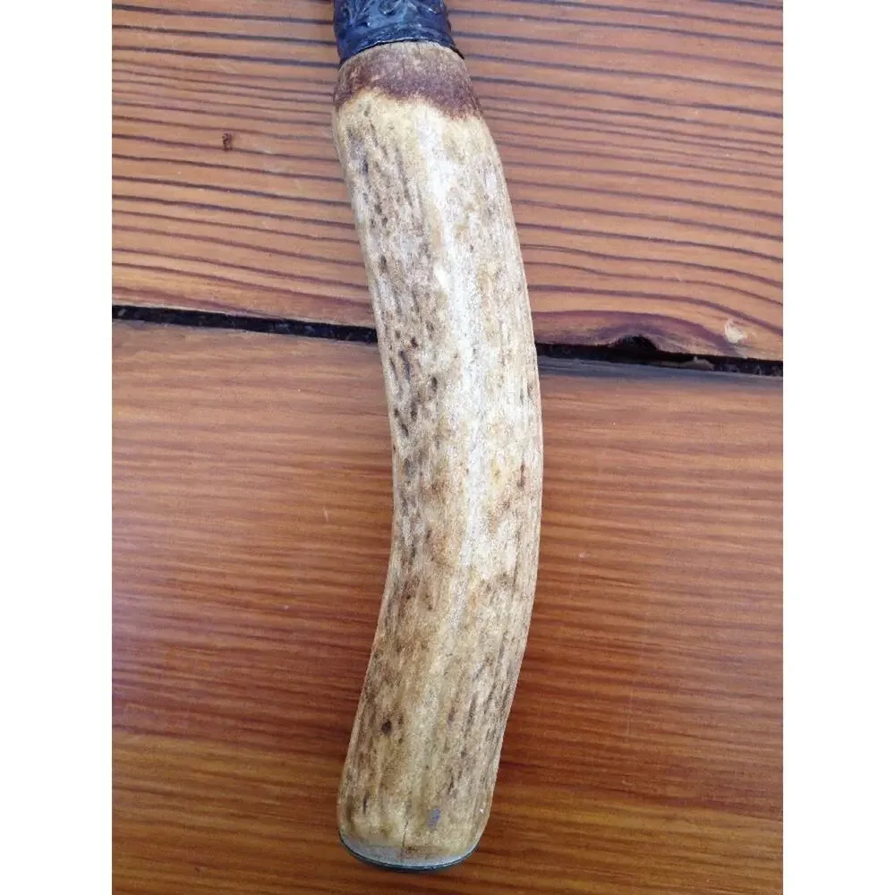 Vintage Antique Cast Metal Serving Carving Fork Natural Bone Antler Handle